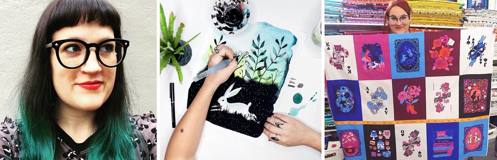 Artist with teal ombre hair; hand painting a watercolor rabbit scene; playing card-themed fabric panel with colorful illustrated designs