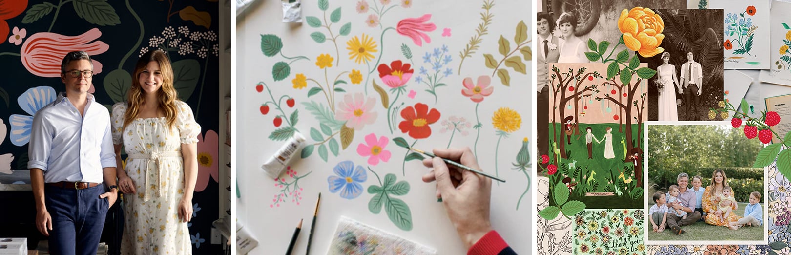 Collage of a couple by floral wall art, hand painting watercolor florals, and family photos with illustrated botanical scenes