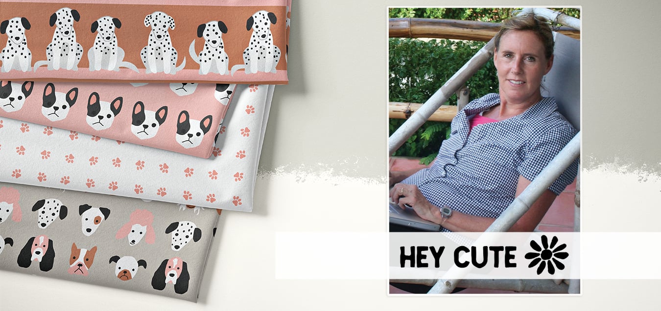 Folded fabrics with dalmatian, French bulldog, paw print, and mixed dog breed patterns; photo of a smiling woman on a swing labeled "Hey Cute"