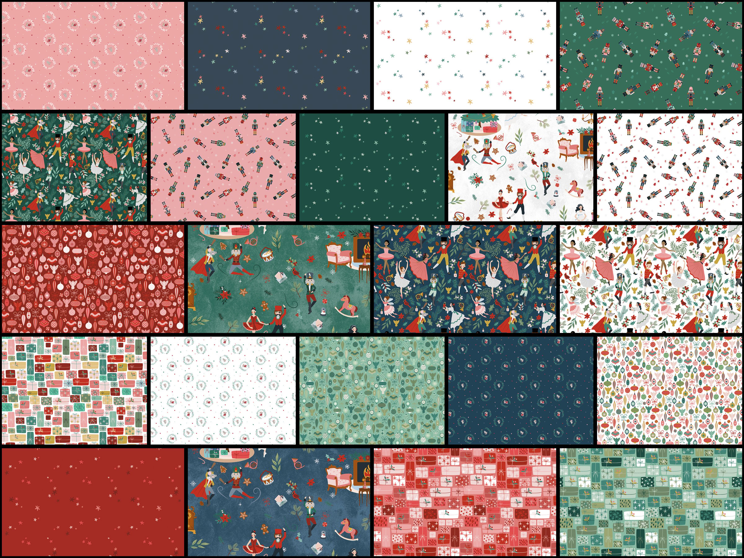 Collection of Nutcracker-themed Christmas fabrics with ballerinas, nutcracker soldiers, stars, wreaths, ornaments, and gift boxes in red, pink, green, navy, and white.