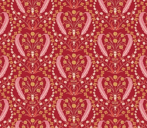 Red damask fabric with pink feather and floral motifs in gold and white, medium-scale repeat